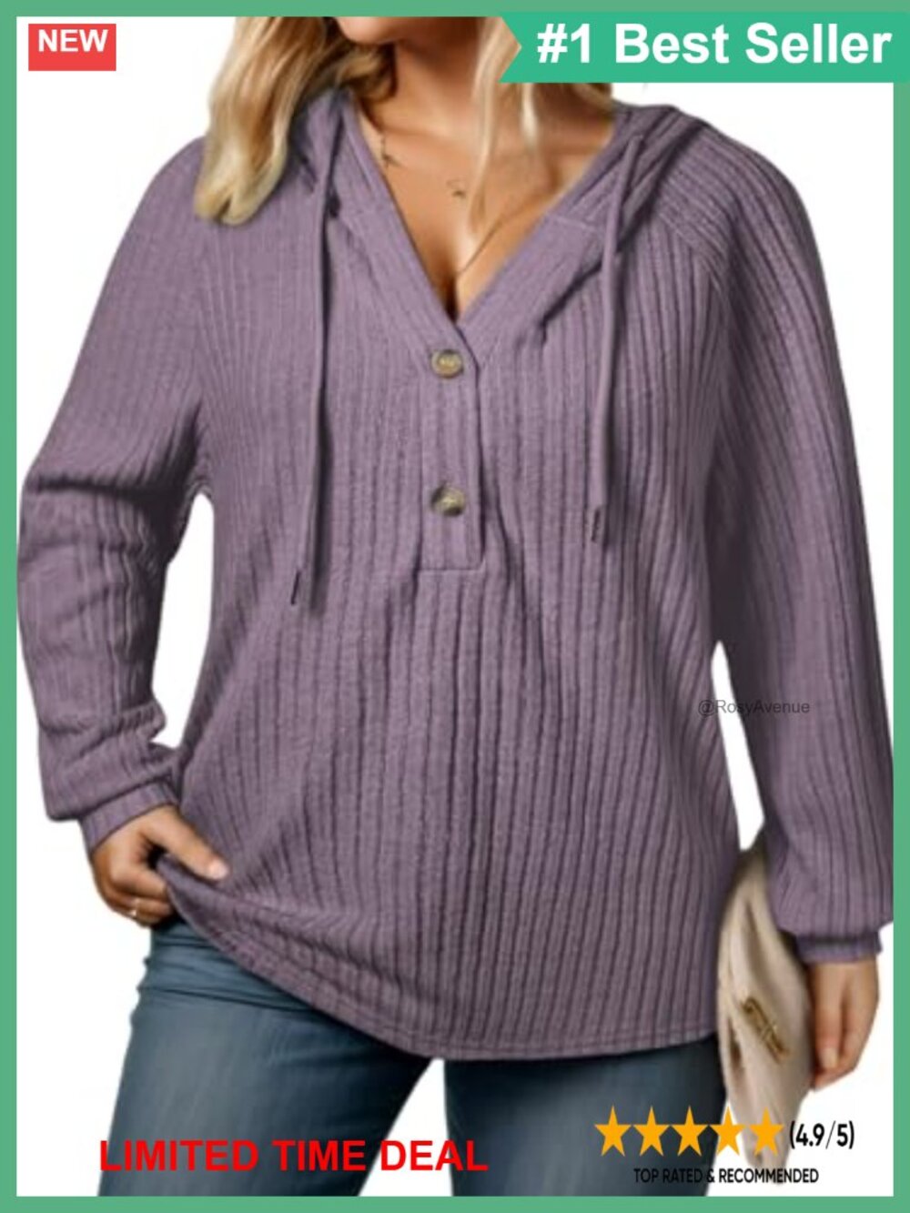 Plus Size Button V Neck Hooded Pullover Sweater Lightweight Knit Long Sleeve